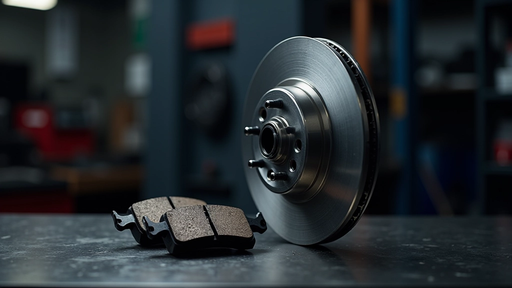 Brake system components including brake pads, rotors and calipers on inspection bench