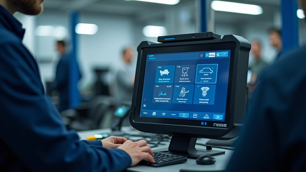 Close-up of diagnostic computer terminal showing engine analysis results on screen