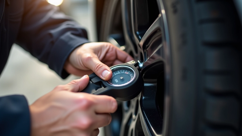 Person checking tire tread depth with professional gauge tool in parking lot