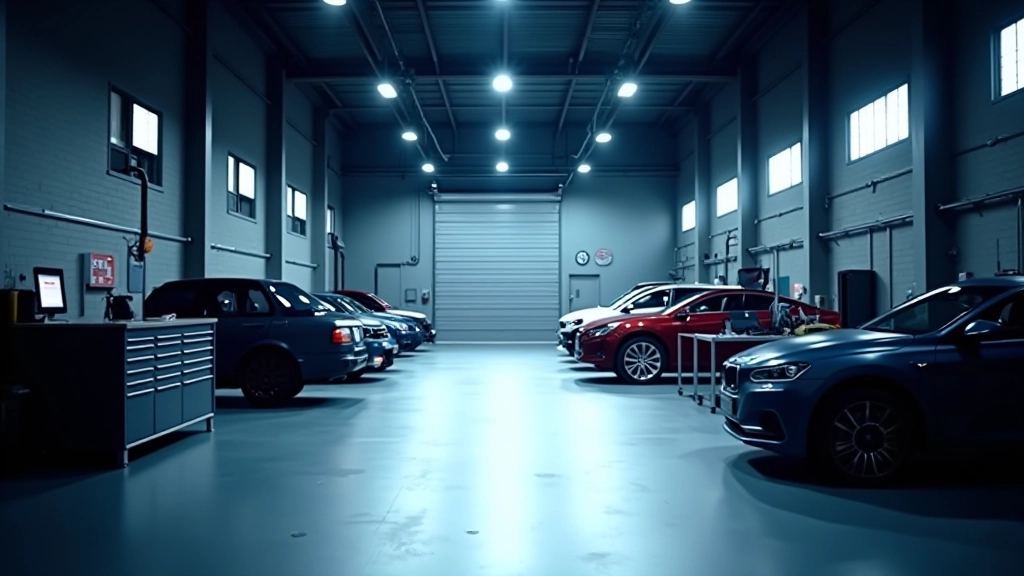 Interior view of professional auto repair workshop with multiple service bays and modern diagnostic equipment