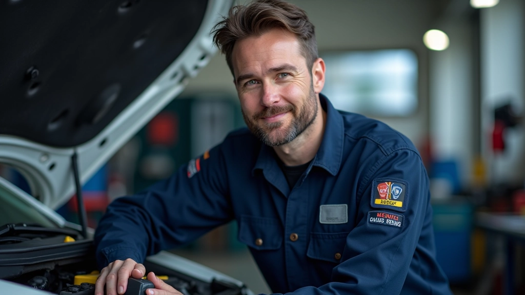 Automotive technician working on engine diagnostics in modern repair facility with diagnostic equipment