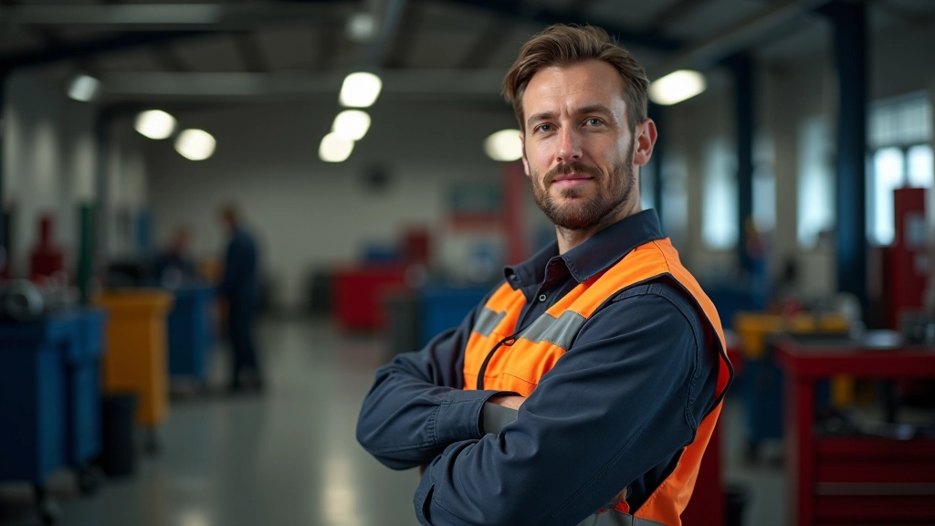 Two people discussing car repairs in professional automotive workshop with tools and diagnostic equipment visible