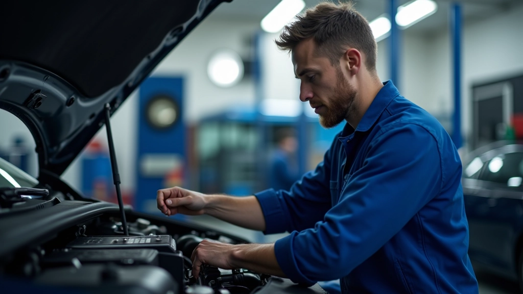 Professional mechanic working on vehicle engine in modern repair shop with tools and equipment