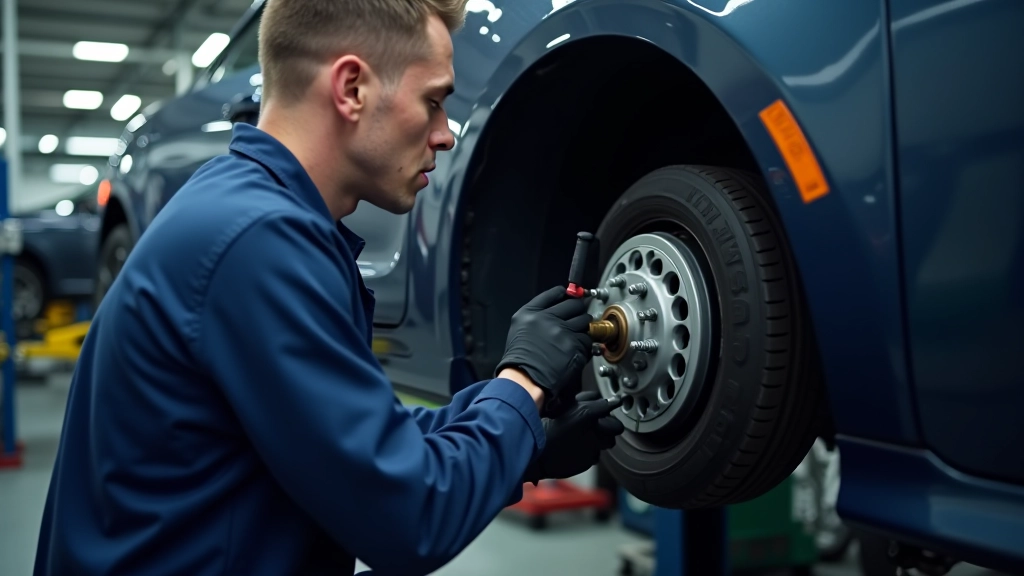 Mechanic performing brake pad inspection with specialized tools in professional workshop