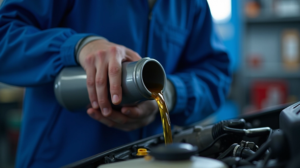 Technician pouring fresh motor oil into car engine during routine maintenance service