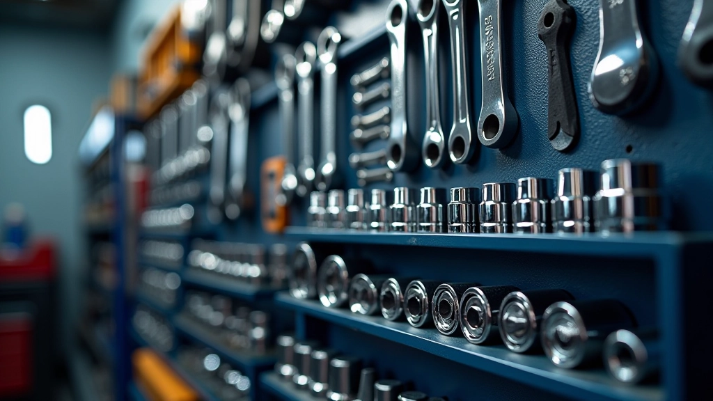 Organized tool wall with professional wrenches, sockets and repair equipment neatly arranged