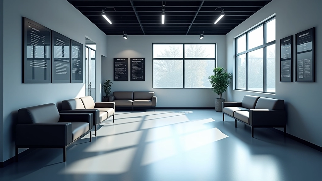 Modern automotive service center waiting area with comfortable seating and display of services offered