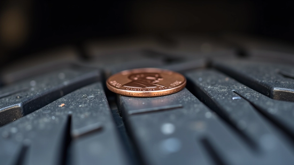Close-up of penny inserted into tire tread groove showing measurement depth comparison