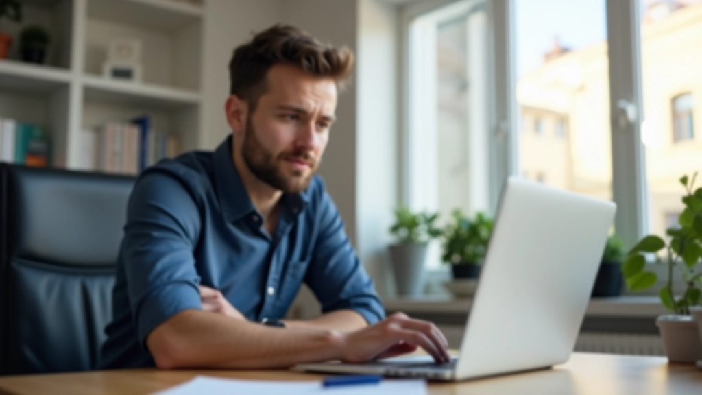 Person researching on laptop with notepad, modern home office with natural lighting and desk accessories