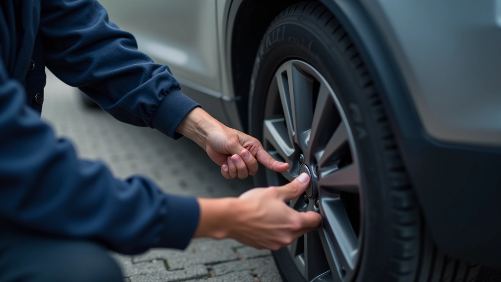 Hand pressing on tire sidewall to demonstrate checking for bulges, cracks, and damage signs