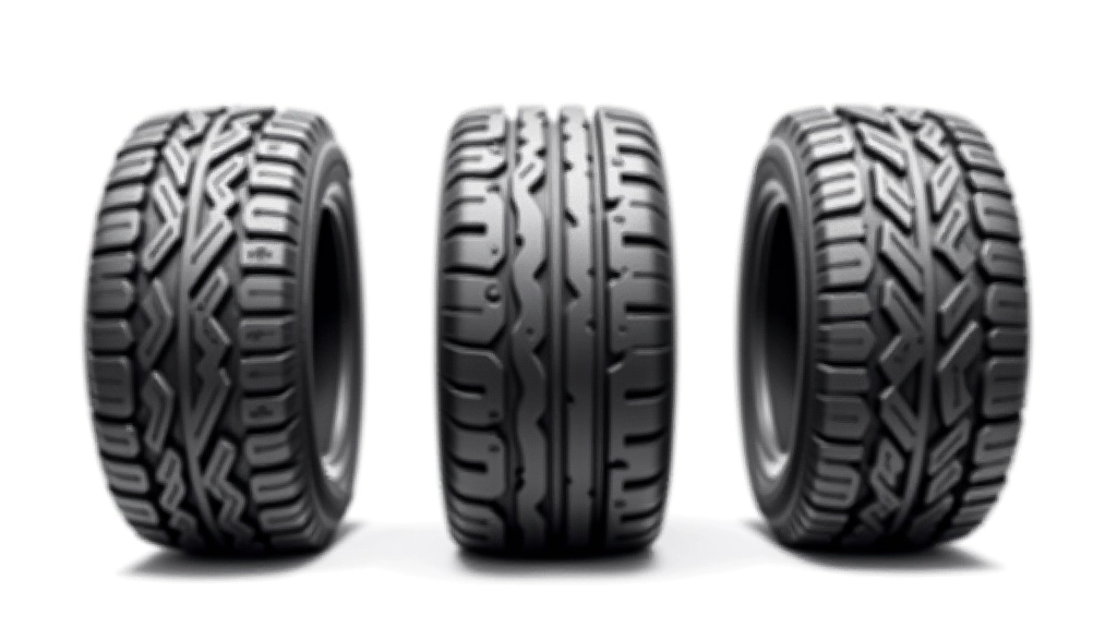 Three tire tread patterns displayed side by side showing center wear, edge wear, and one-sided wear examples