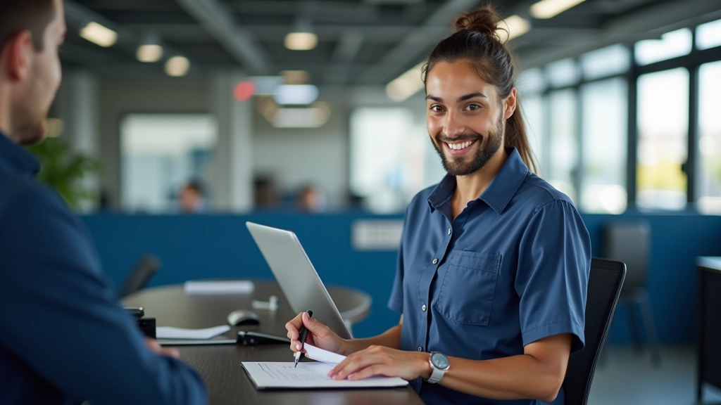 Mechanic in professional uniform working at service desk with appointment calendar and computer