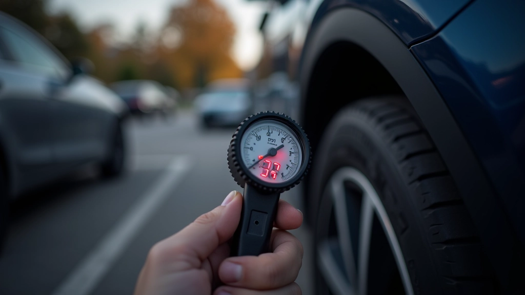 Digital tire pressure gauge displaying PSI reading next to white sidewall tire in bright daylight